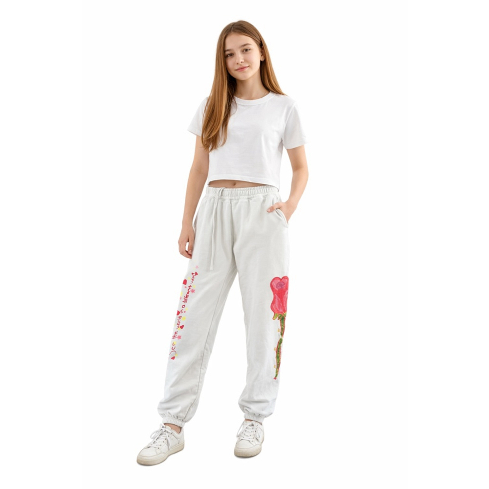 Girls Kids Worldwide Light Gray Sweatpants & Joggers S with Red Rose Graphic